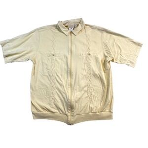 Vintage 70s Men Zip Up Short Sleeve Polo Shirt Yellow Size Large Embroidered